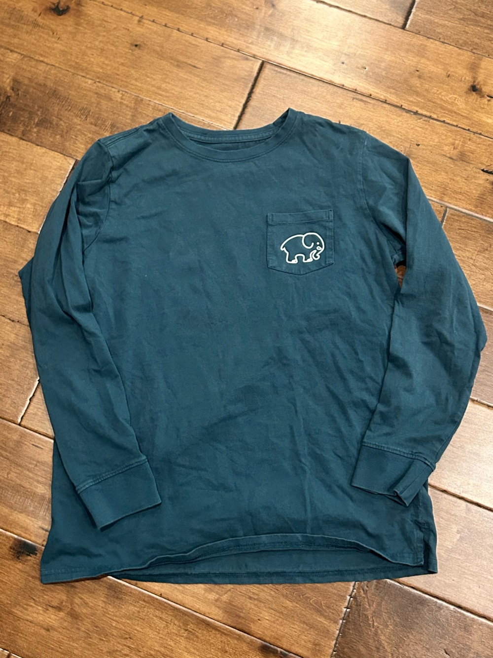 ivory ella Deep Teal Long Sleeve Pocket Tee with Elephant logo
